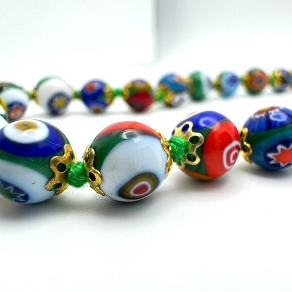 Venice Murano Millefiori Glass Mosaic Bracelet Multicolored Beads GoldTone 16" - Picture 1 of 7